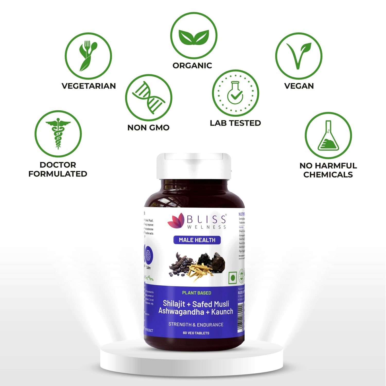 Bliss Welness JoshBliss Gold Stamina Energy Boost | Pure Shilajit Ashwagandha Kaunch Safed Musli Akharkhara Extract with BioPiperine | Improves Endurance Vitality | Men Health Supplement - 60 Vegetarian Tablets - Bliss Welness