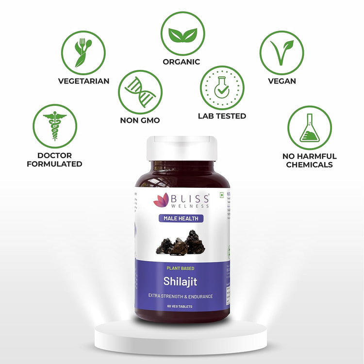 Bliss Welness JoshBliss Natural Strength Vitality Vigor | Pure Shilajit Extract (1000mg) | Enhanced Stamina & Endurance Ayurvedic Herbal Supplement - 60 Vegetarian Tablets - Bliss Welness