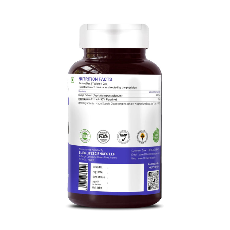 Bliss Welness JoshBliss Natural Strength Vitality Vigor | Pure Shilajit Extract (1000mg) | Enhanced Stamina & Endurance Ayurvedic Herbal Supplement - 60 Vegetarian Tablets - Bliss Welness