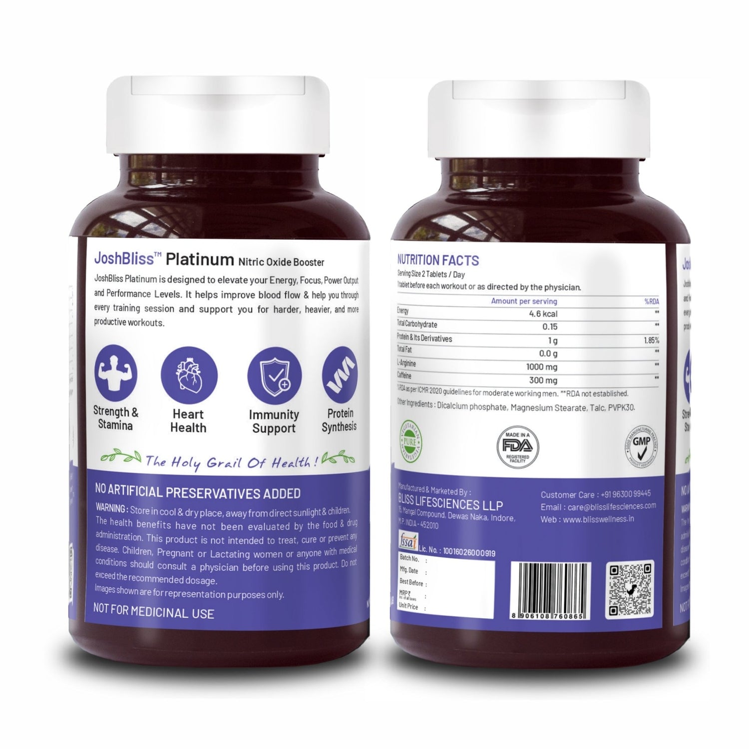 Bliss Welness JoshBliss Platinum Stamina Recovery Muscle Growth | L - Arginine Nitric Oxide & Caffeine 1300mg | Energy Gain Performance Pre & Post Workout Health Supplement - 60 Vegetarian Tablets - Bliss Welness