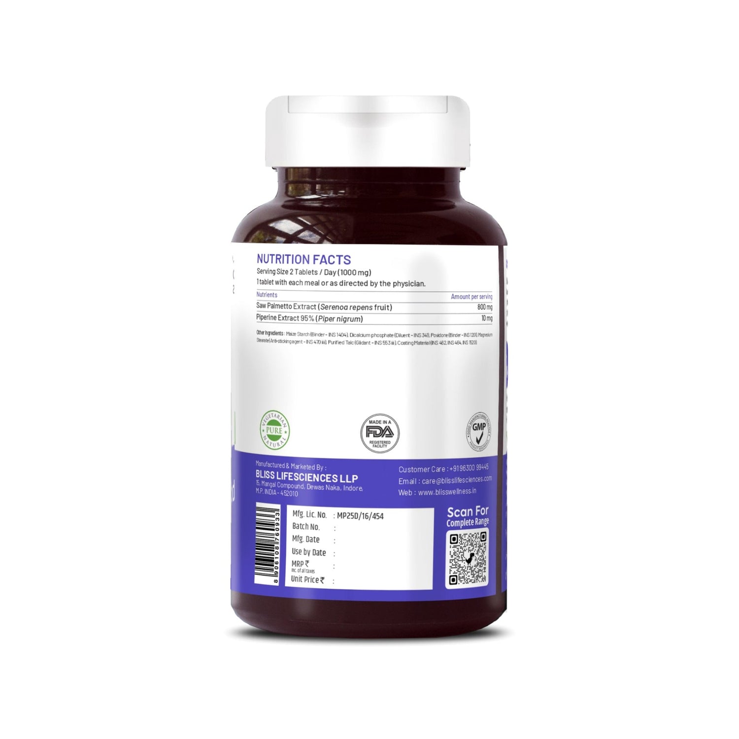 Bliss Welness JoshBliss Plus Prostate Health Healthy Hair Growth | Saw Palmetto Extract 800MG | Testosterone Booster Strong Hair Healthy Prostate Health Supplement - 60 Vegetarian Tablets - Bliss Welness