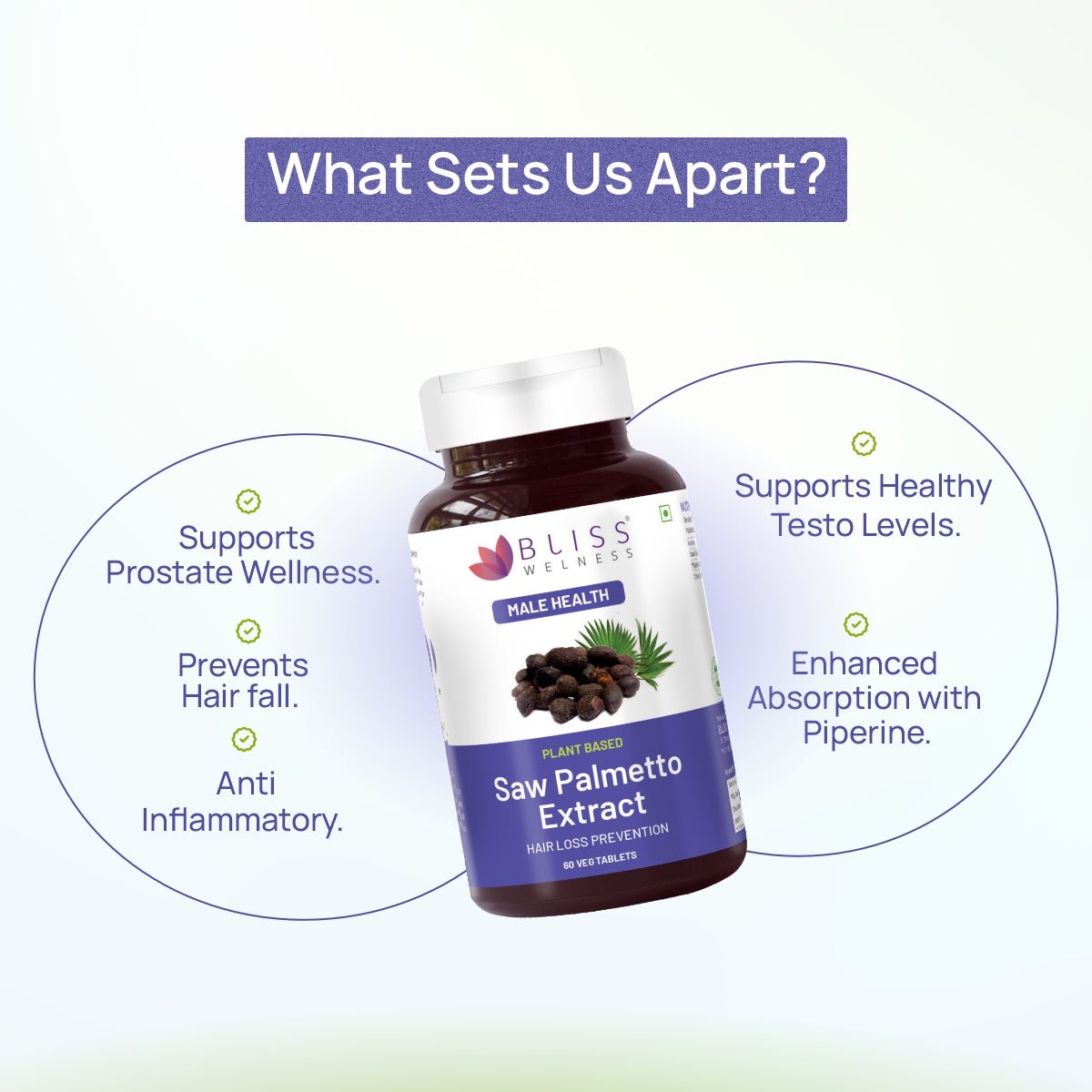 Bliss Welness JoshBliss Plus Prostate Health Healthy Hair Growth | Saw Palmetto Extract 800MG | Testosterone Booster Strong Hair Healthy Prostate Health Supplement - 60 Vegetarian Tablets - Bliss Welness