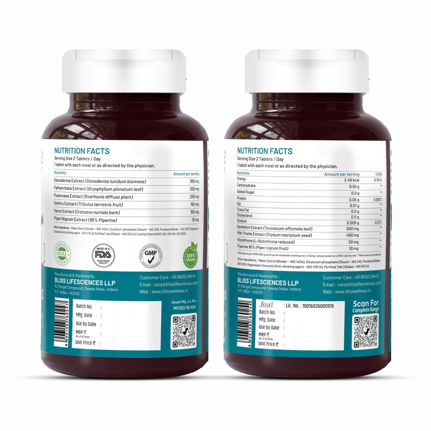 Bliss Welness Kidney DetoxBliss Cleanse Purifier | Gokhru Patharchata Ganoderma + Liver Detox Cleanse Purifier | Milk Thistle Silymarin Dandelion Glutathione - 60+60 Veg Tablets - Bliss Welness