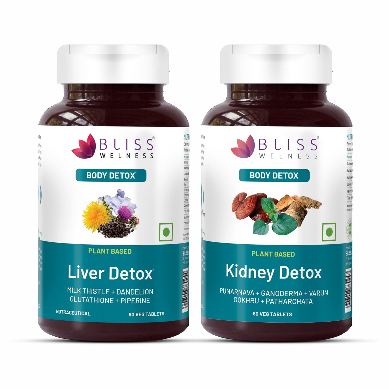 Bliss Welness Kidney DetoxBliss Cleanse Purifier | Gokhru Patharchata Ganoderma + Liver Detox Cleanse Purifier | Milk Thistle Silymarin Dandelion Glutathione - 60+60 Veg Tablets - Bliss Welness