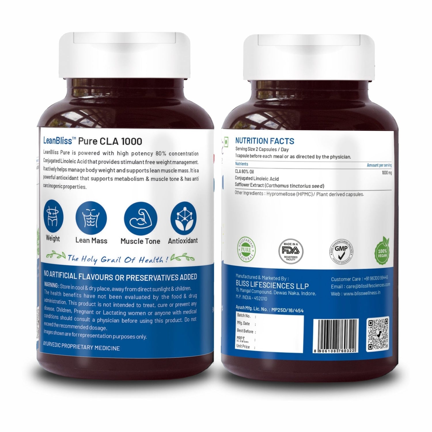 Bliss Welness LeanBliss Pure CLA 1000 (Conjugated Lenoleic Acid) | Pure High Potency Stimulant Free | Fuel Metabolism Lean Muscle Build Sport Supplement - 60 Vegetarian Capsules - Bliss Welness