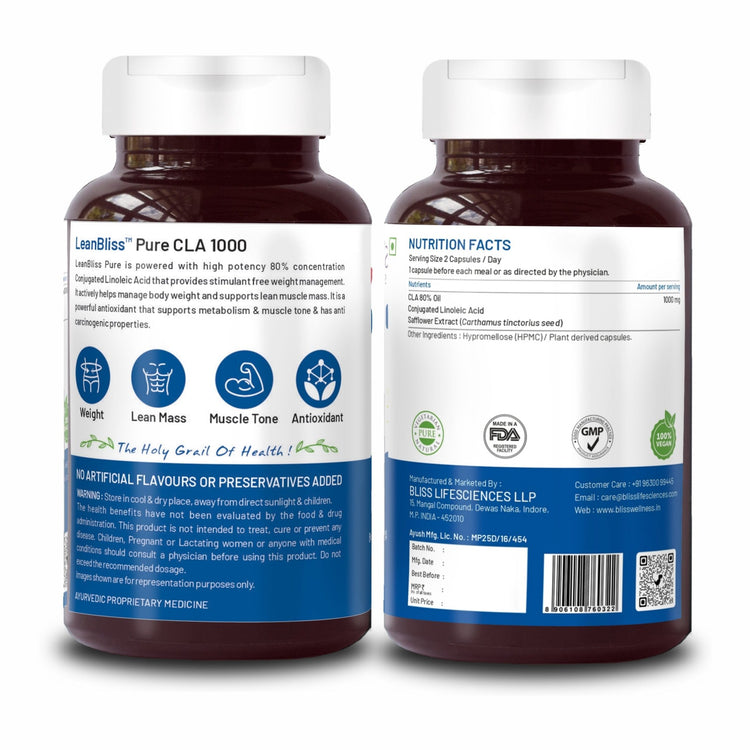 Bliss Welness LeanBliss Pure CLA 1000 (Conjugated Lenoleic Acid) | Pure High Potency Stimulant Free | Fuel Metabolism Lean Muscle Build Sport Supplement - 60 Vegetarian Capsules - Bliss Welness