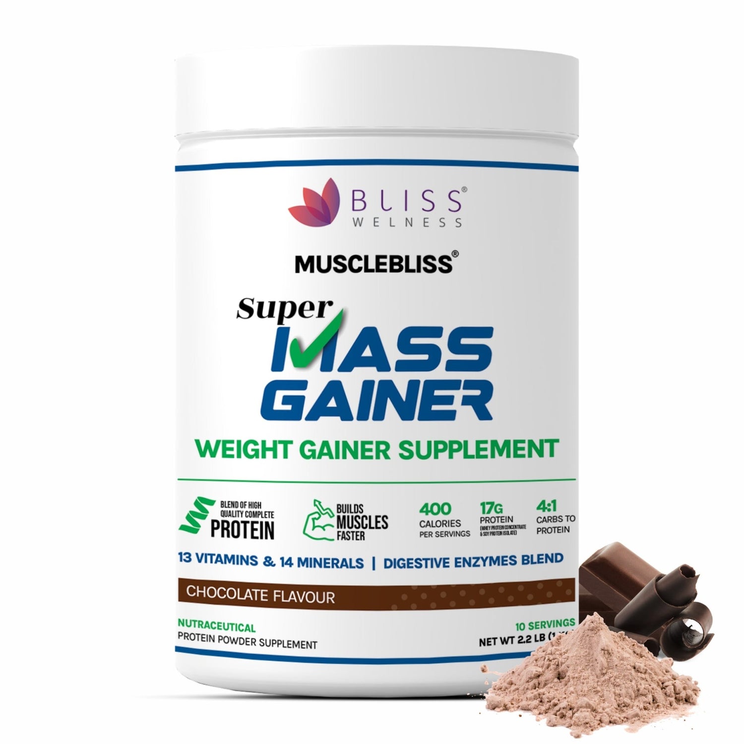 Bliss Welness Musclebliss Mass Gainer & Weight Gainer Supplement | Essential Vitamin and Minerals With High Protein and Calories Weight Gainer Supplement - 1 kg (Chocolate Flavour ) - Bliss Welness