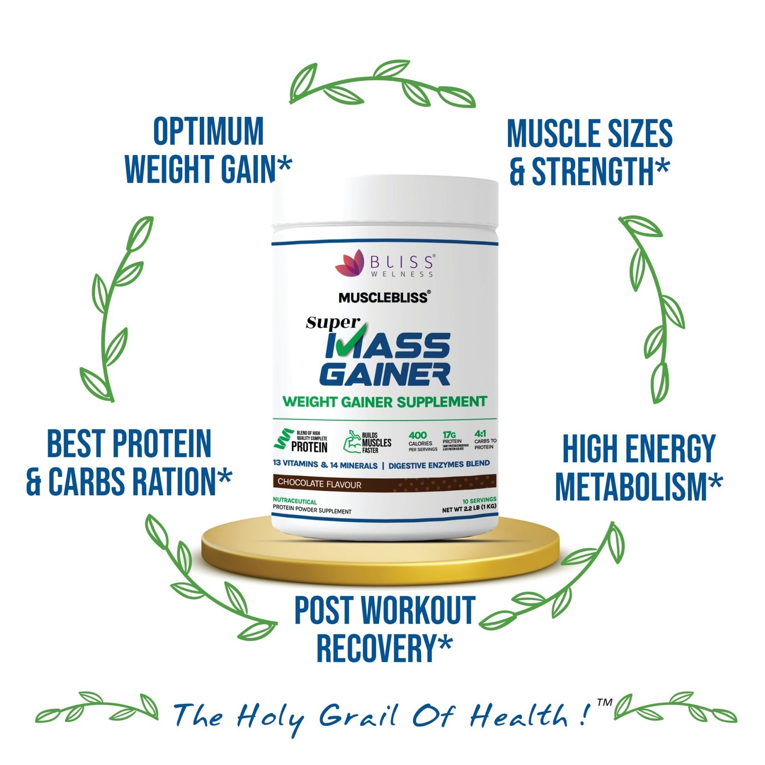 Bliss Welness Musclebliss Mass Gainer & Weight Gainer Supplement | Essential Vitamin and Minerals With High Protein and Calories Weight Gainer Supplement - 1 kg (Chocolate Flavour ) - Bliss Welness