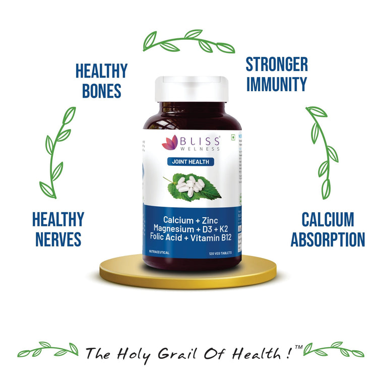 Bliss Welness OrthoBliss Joint care Pain relief tablets | Calcium Magnesium Zinc Vitamin D3 K2 B12 Folic Acid | Bone Strengthening Ayurvedic Health Supplement - 120 Vegetarian Tablets - Bliss Welness