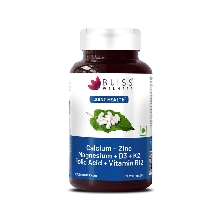 Bliss Welness OrthoBliss Joint care Pain relief tablets | Calcium Magnesium Zinc Vitamin D3 K2 B12 Folic Acid | Bone Strengthening Ayurvedic Health Supplement - 120 Vegetarian Tablets - Bliss Welness