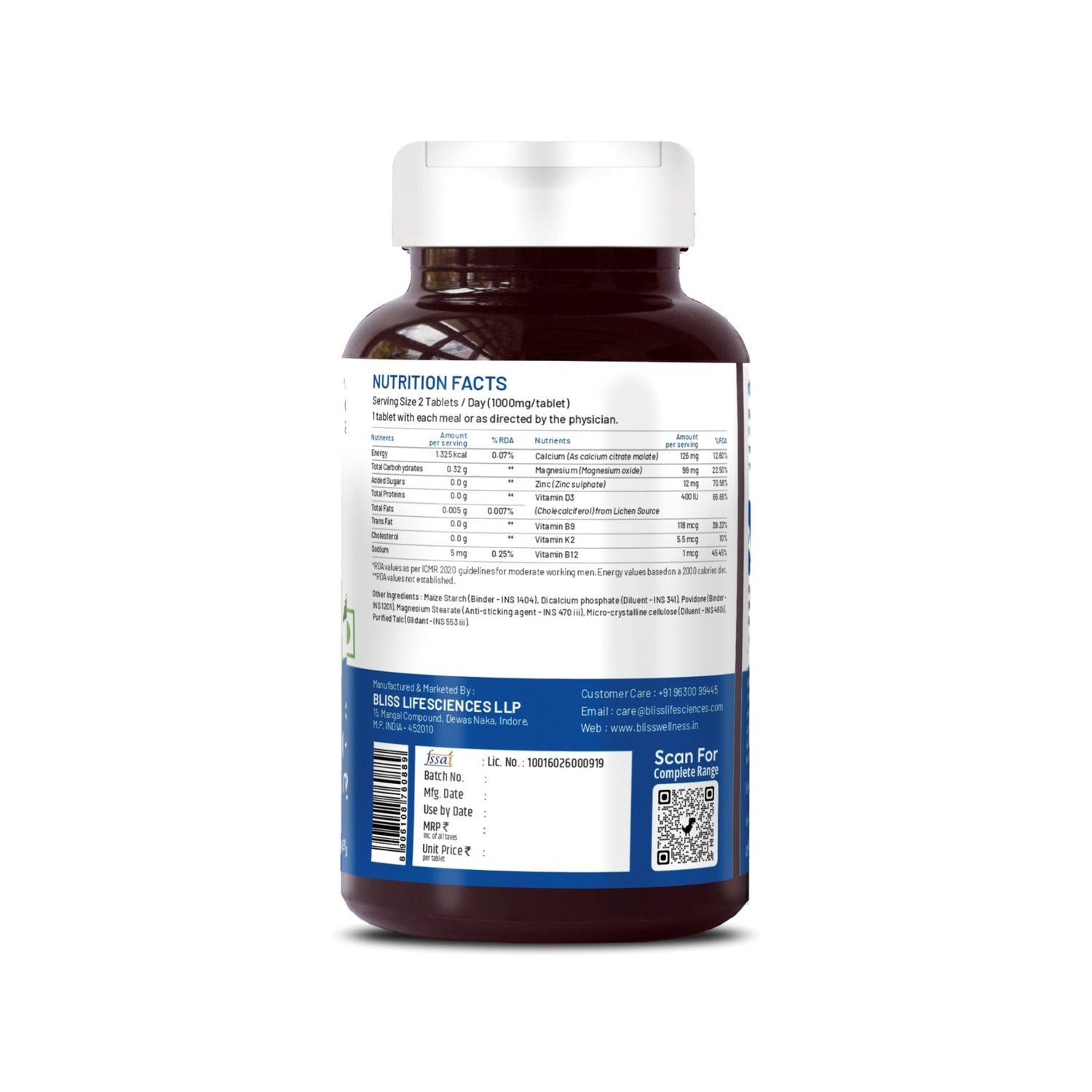 Bliss Welness OrthoBliss Joint care Pain relief tablets | Calcium Magnesium Zinc Vitamin D3 K2 B12 Folic Acid | Bone Strengthening Ayurvedic Health Supplement - 120 Vegetarian Tablets - Bliss Welness