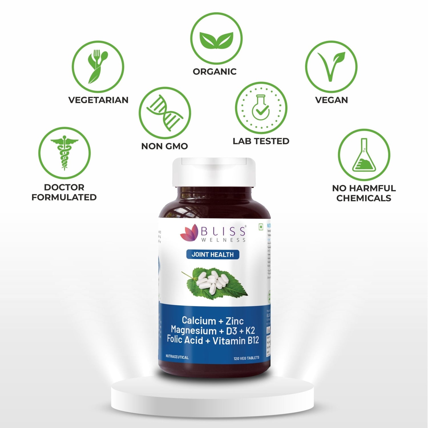 Bliss Welness OrthoBliss Joint care Pain relief tablets | Calcium Magnesium Zinc Vitamin D3 K2 B12 Folic Acid | Bone Strengthening Ayurvedic Health Supplement - 120 Vegetarian Tablets - Bliss Welness