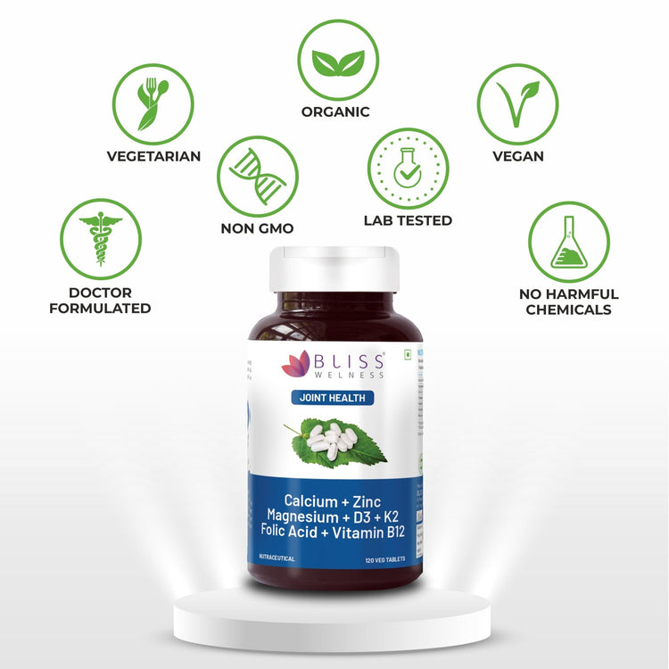 Bliss Welness OrthoBliss Joint care Pain relief tablets | Calcium Magnesium Zinc Vitamin D3 K2 B12 Folic Acid | Bone Strengthening Ayurvedic Health Supplement - 120 Vegetarian Tablets - Bliss Welness
