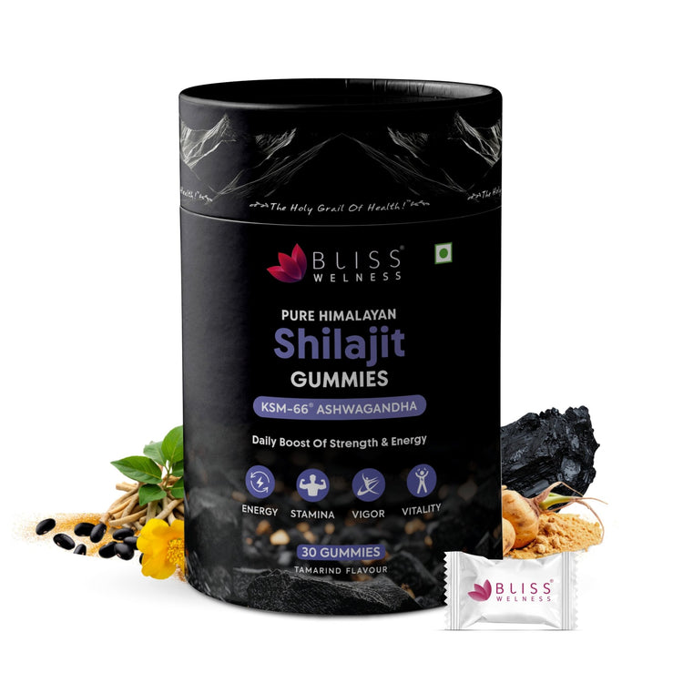 Bliss Welness Pure Himalayan Shilajit/Shilajeet Gummies with 70% Fulvic Acid & KSM 66 Ashwagandha | Boost Energy, Stamina, Muscle Strength, Cognitive Function & Immunity |30 Gummies (Tamarind Flavour)) - Bliss Welness