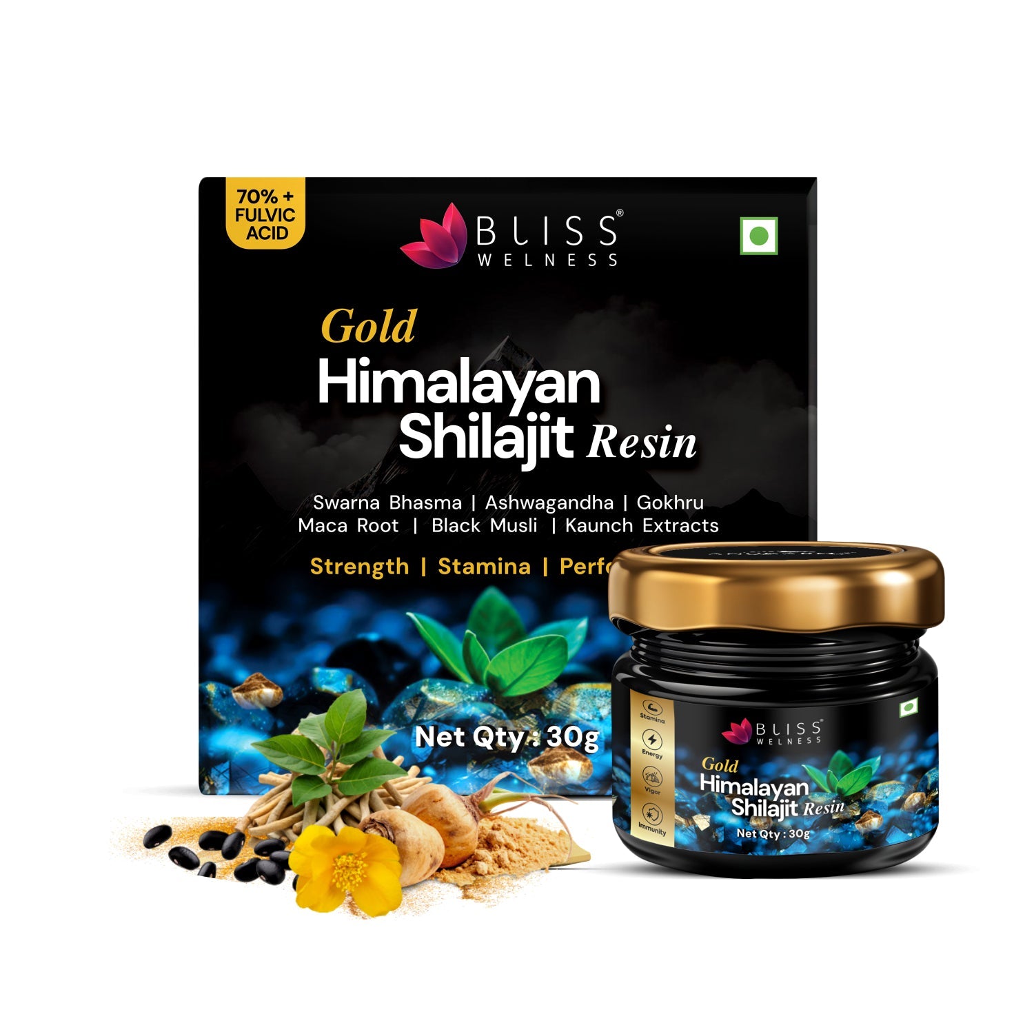 Bliss Welness Shilajit/Shilajeet Gold Resin - 30g | 7x Formula 24K Gold, Black Musli, Maca Root, Gokhru, Kaunch | Boosts Enegry, Endurance, Vitality Strength Stamina | 100% Ayurvedic | 500mg, 60 Serv - Bliss Welness