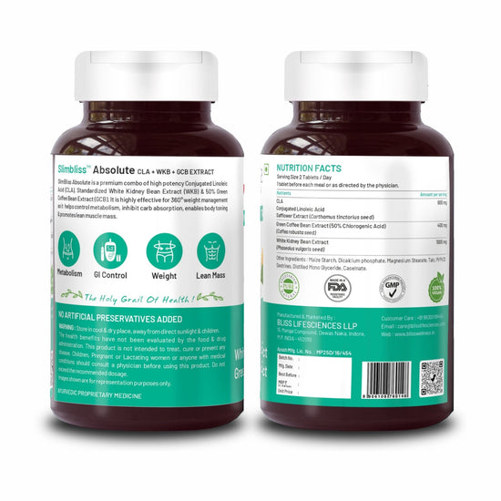 Bliss Welness SlimBliss Absolute CLA + WKB + GCB Extract 360* Weight Management | Carb Control | Metabolism Lean Muscle Health Supplement - 60 Vegeterian Tablets - Bliss Welness