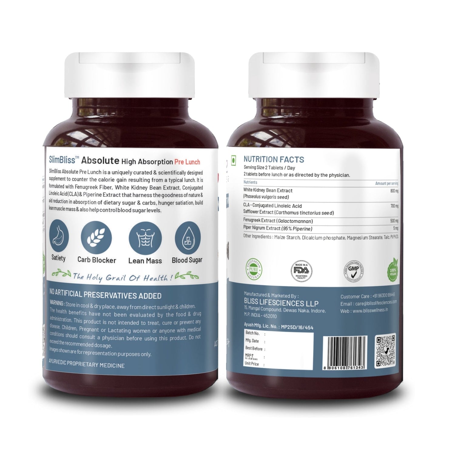 Bliss Welness SlimBliss Absolute Kit High Absorption Kit | Pre Breakfast Lunch Dinner for Weight Management Better Gut Health Metabolism Lean Muscle Health Supplement – 60+60+30 Veg Tablets - Bliss Welness