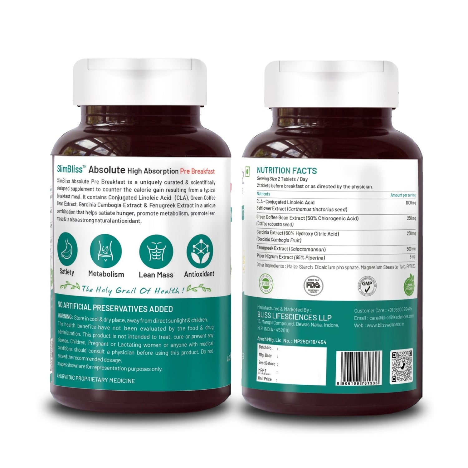 Bliss Welness SlimBliss Absolute Kit High Absorption Kit | Pre Breakfast Lunch Dinner for Weight Management Better Gut Health Metabolism Lean Muscle Health Supplement – 60+60+30 Veg Tablets - Bliss Welness