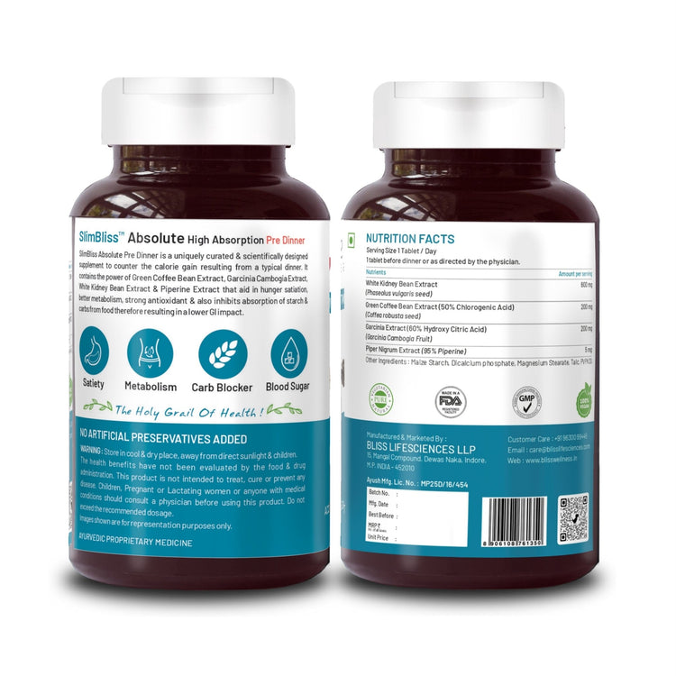 Bliss Welness SlimBliss Absolute Kit High Absorption Kit | Pre Breakfast Lunch Dinner for Weight Management Better Gut Health Metabolism Lean Muscle Health Supplement – 60+60+30 Veg Tablets - Bliss Welness