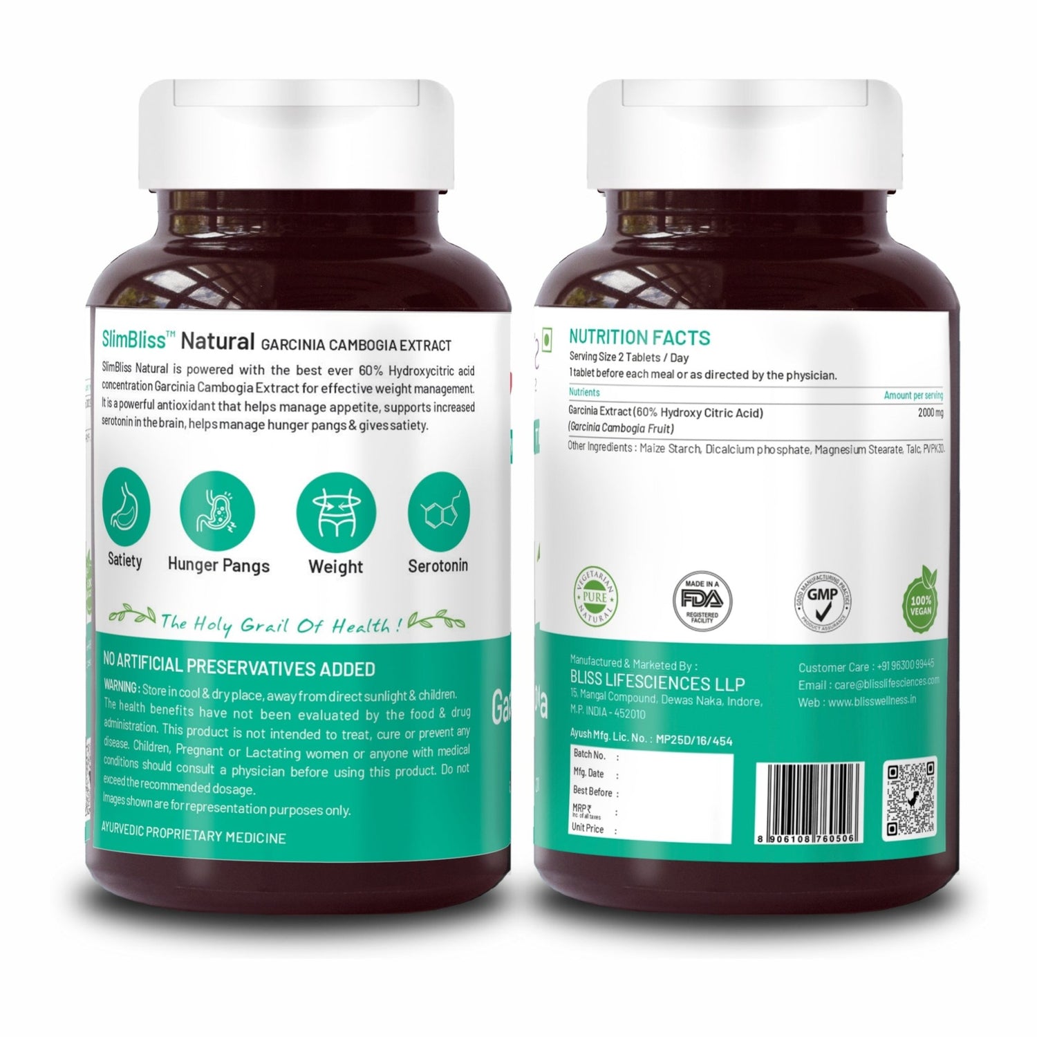 Bliss Welness SlimBliss Natural Garcinia Cambogia Extract Weight Management | Garcinia Cambogia Extract 60% | High Potency Antioxidant Supplement - 60 Vegetarian Tablets - Bliss Welness