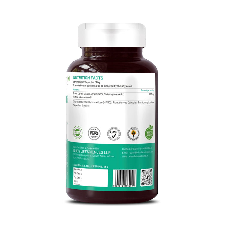 Bliss Welness SlimBliss Pure Weight Management Appetite Control | Green Coffee Bean Extract 50% | Fatty Liver Care Enhance Metabolism Strong Antioxidant Natural Supplement - 60 Vegetarian Capsules - Bliss Welness