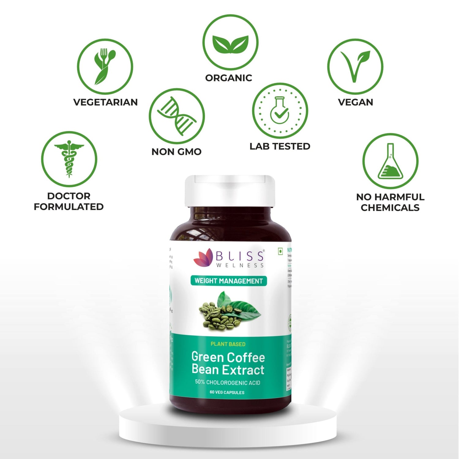 Bliss Welness SlimBliss Pure Weight Management Appetite Control | Green Coffee Bean Extract 50% | Fatty Liver Care Enhance Metabolism Strong Antioxidant Natural Supplement - 60 Vegetarian Capsules - Bliss Welness