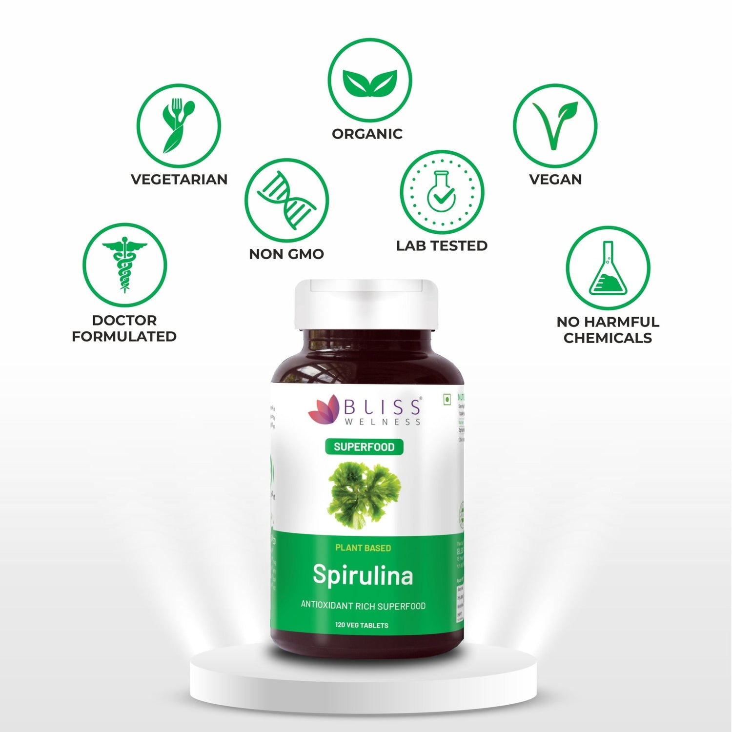 Bliss Welness SuperBliss Natural Spirulina Immunity Booster with Rich Antioxidant | Nutridense Daily Superfood | Give Energy Detox Vegetarian Health Supplement - 120 Tablets - Bliss Welness
