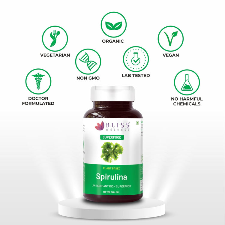 Bliss Welness SuperBliss Natural Spirulina Immunity Booster with Rich Antioxidant | Nutridense Daily Superfood | Give Energy Detox Vegetarian Health Supplement - 120 Tablets - Bliss Welness