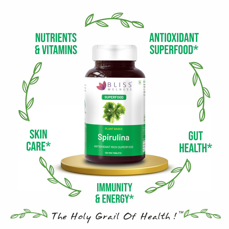 Bliss Welness SuperBliss Natural Spirulina Immunity Booster with Rich Antioxidant | Nutridense Daily Superfood | Give Energy Detox Vegetarian Health Supplement - 120 Tablets - Bliss Welness