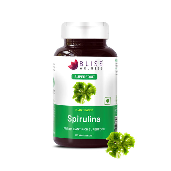 Bliss Welness SuperBliss Natural Spirulina Immunity Booster with Rich Antioxidant | Nutridense Daily Superfood | Give Energy Detox Vegetarian Health Supplement - 120 Tablets - Bliss Welness