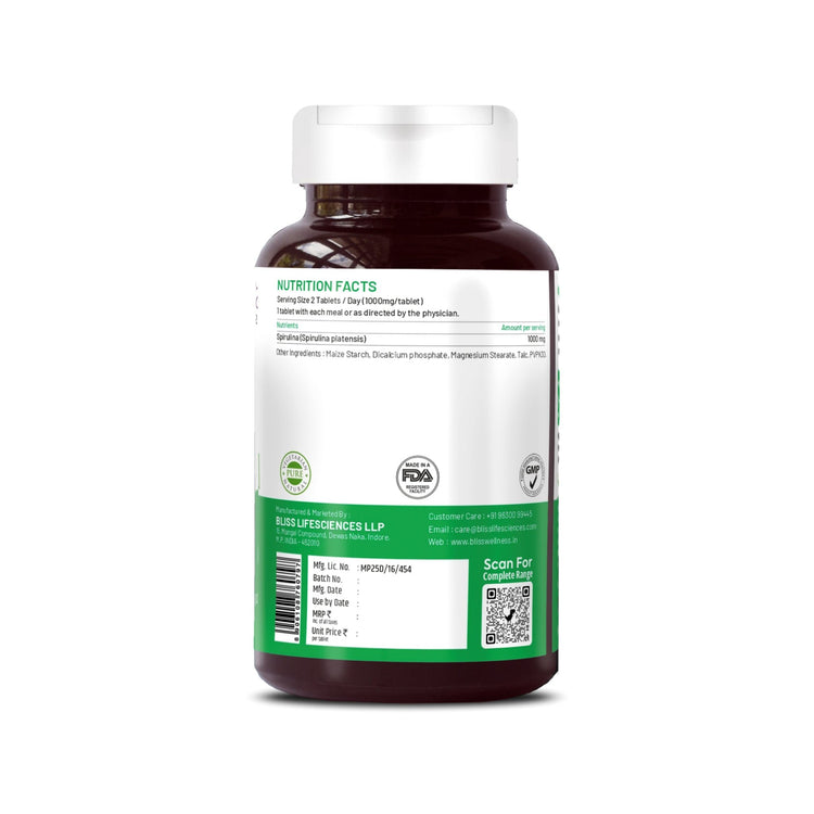 Bliss Welness SuperBliss Natural Spirulina Immunity Booster with Rich Antioxidant | Nutridense Daily Superfood | Give Energy Detox Vegetarian Health Supplement - 120 Tablets - Bliss Welness