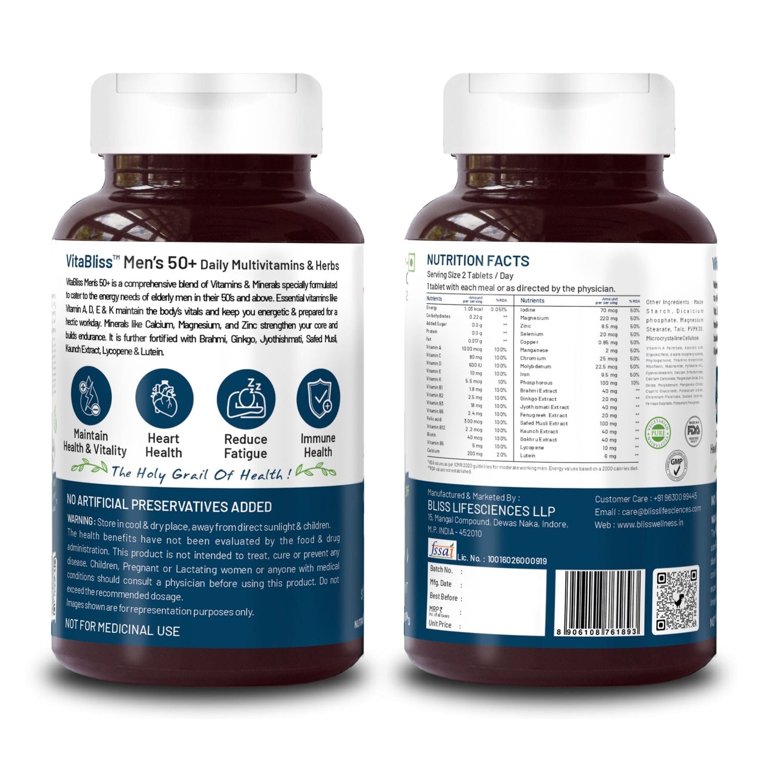 Bliss Welness VitaBliss Men’s 50+ Daily Multivitamins & Herbs For Men | With Multivitamins and mineral | Supports Bone, Heart, Mental, Prostate & Male Health - 60 Veg Tablets - Bliss Welness