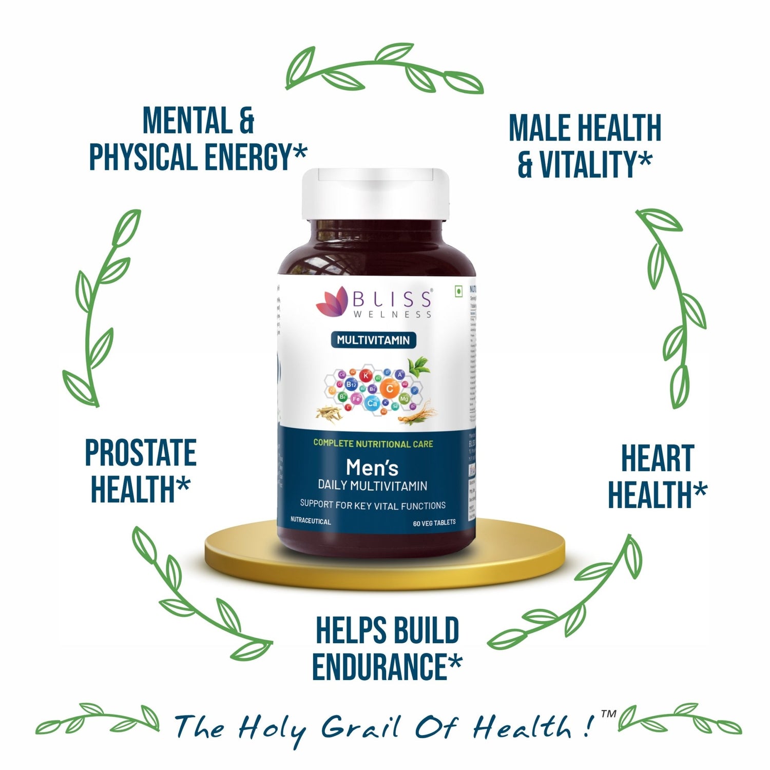 Bliss Welness VitaBliss Men’s Daily Multivitamins & Herbs For Men| With Vitamin A C D E K B | Supports Prostate, Bone, Heart & Mental Health, Maintains Vitality & Male Health - 60 Veg Tablets - Bliss Welness