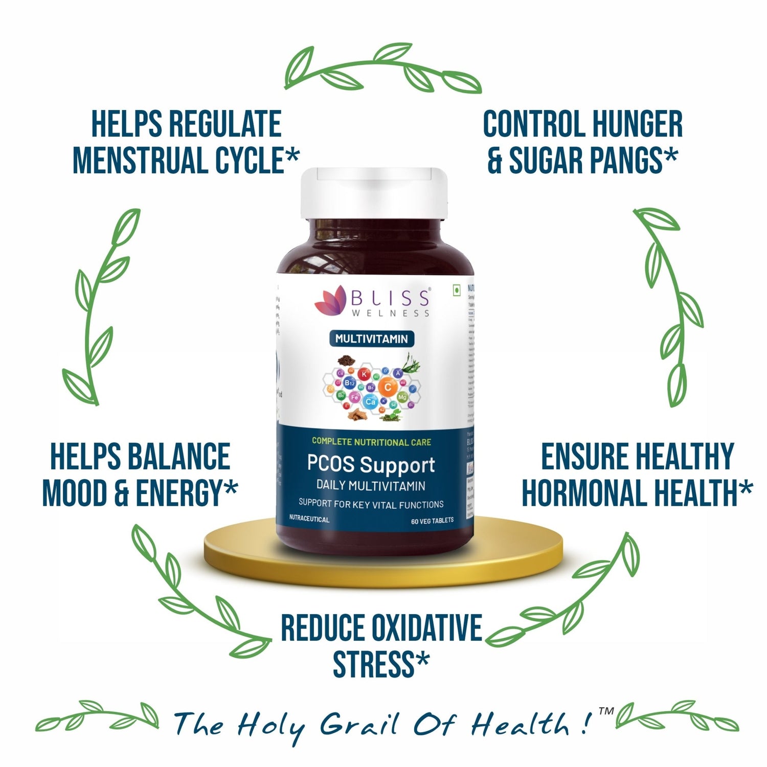 Bliss Welness VitaBliss PCOS Multivitamin & Herbs for Women | With Vitamin A C D E B | Menstruation Regulation,Manages Mood & Hormonal Health - 60 Veg Tablets - Bliss Welness