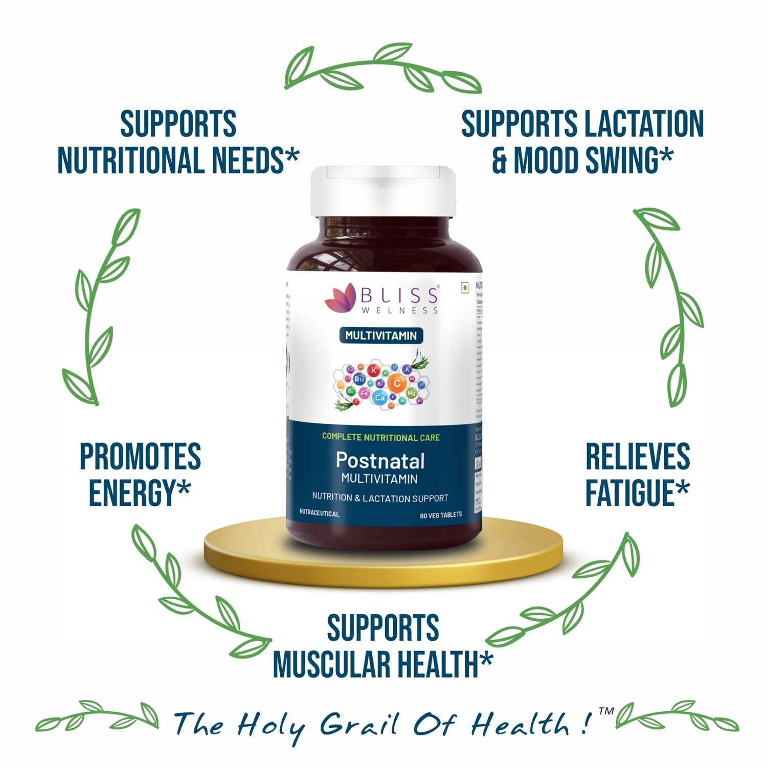 Bliss Welness VitaBliss Postnatal Multivitamins & Herbs for Women| With Vitamin A C D E K B | For Supporting Lactation, Energy Improvement, RBC Improvement, Health Improvement - 60 Veg Tablets - Bliss Welness