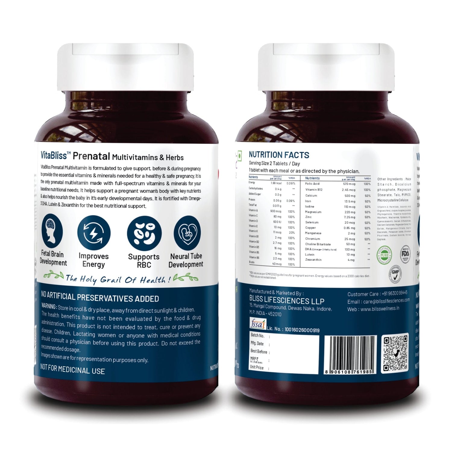 Bliss Welness VitaBliss Prenatal Multivitamins & Herbs for Women | With Vitamin A C D E K B | For Supporting Brain Development , Energy Improvement, Supports Healthy RBC - 60 Veg Tablets - Bliss Welness