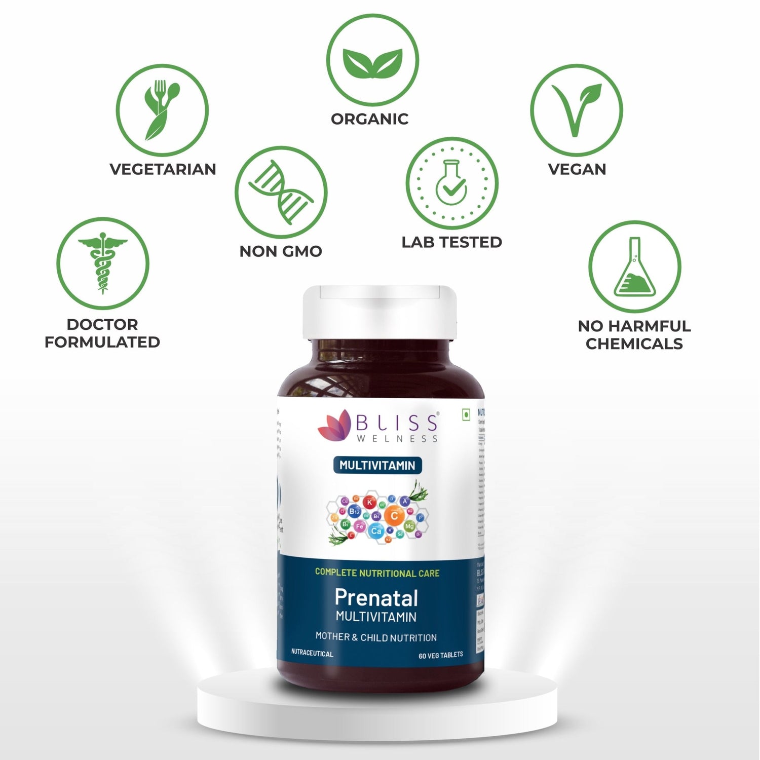 Bliss Welness VitaBliss Prenatal Multivitamins & Herbs for Women | With Vitamin A C D E K B | For Supporting Brain Development , Energy Improvement, Supports Healthy RBC - 60 Veg Tablets - Bliss Welness
