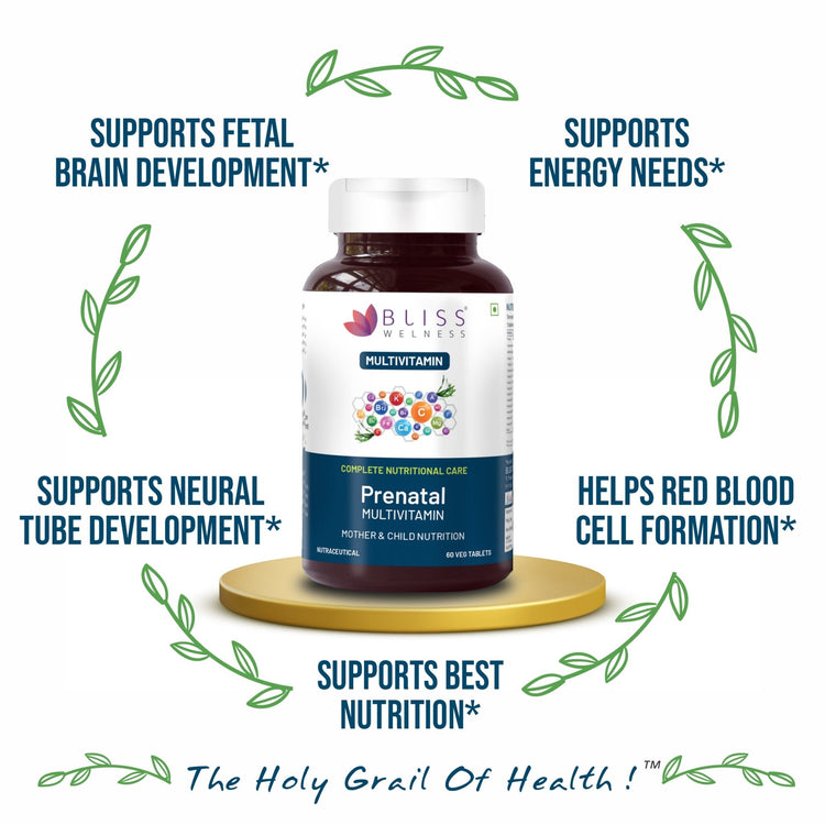 Bliss Welness VitaBliss Prenatal Multivitamins & Herbs for Women | With Vitamin A C D E K B | For Supporting Brain Development , Energy Improvement, Supports Healthy RBC - 60 Veg Tablets - Bliss Welness