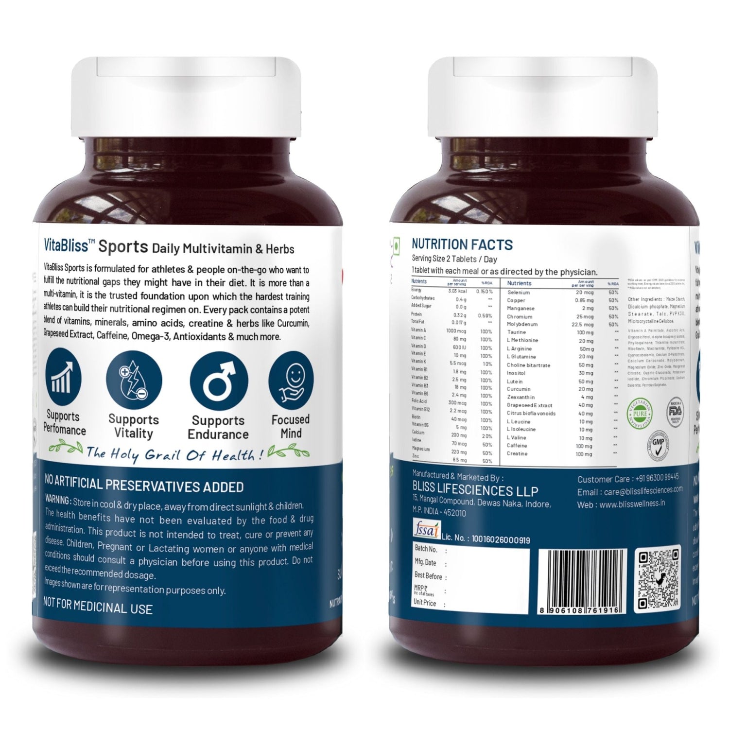 Bliss Welness VitaBliss Sports Daily Multivitamin & Herbs| Multivitamins and minerals | Supports Performance, Focus, Vitality and Endurance - 60 Veg Tablets - Bliss Welness