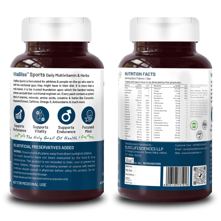 Bliss Welness VitaBliss Sports Daily Multivitamin & Herbs| Multivitamins and minerals | Supports Performance, Focus, Vitality and Endurance - 60 Veg Tablets - Bliss Welness