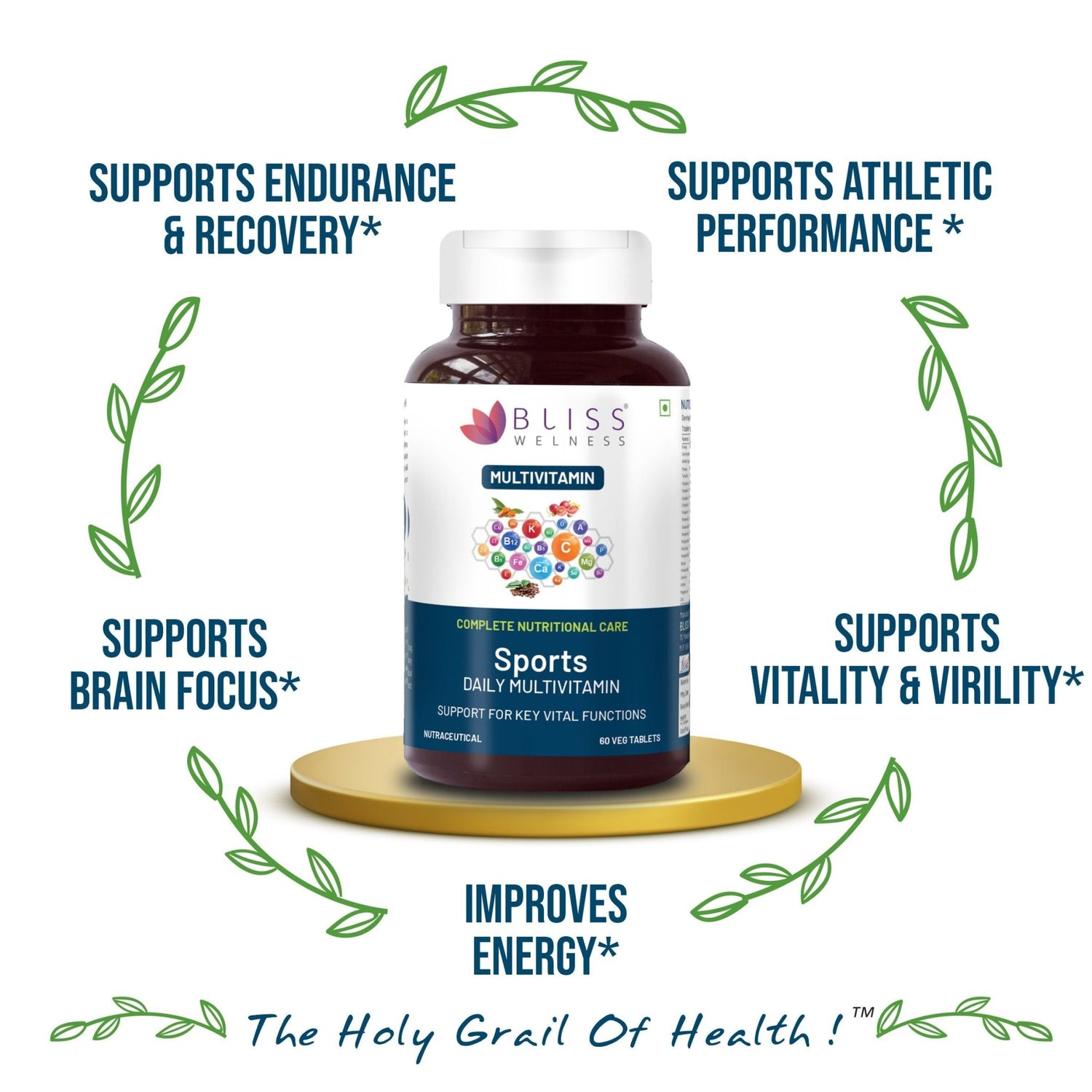 Bliss Welness VitaBliss Sports Daily Multivitamin & Herbs| Multivitamins and minerals | Supports Performance, Focus, Vitality and Endurance - 60 Veg Tablets - Bliss Welness