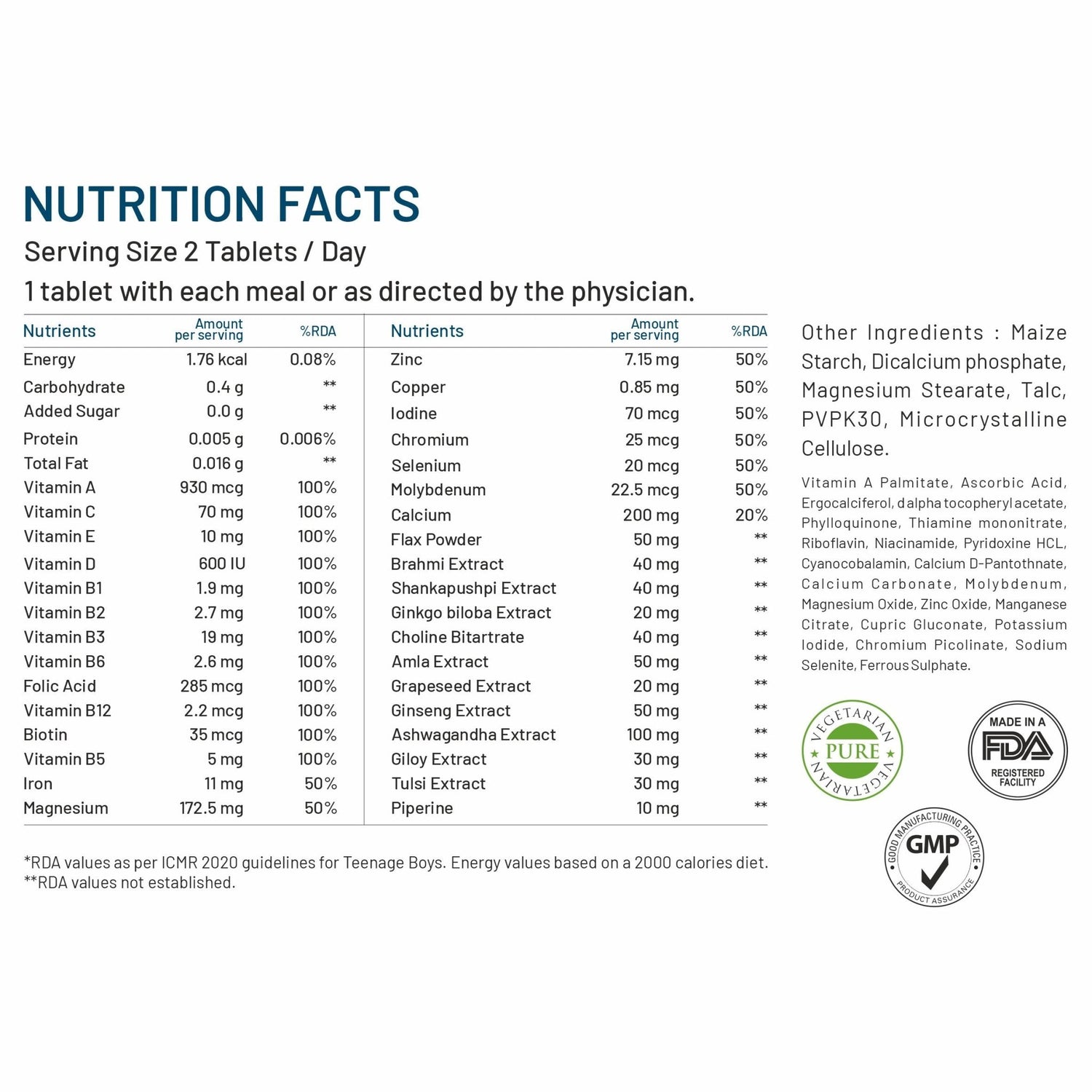 Bliss Welness VitaBliss Teenage Boys Daily Multivitamin & Herbs| Supports Better Immune System, Energy & Strength, Brain Health - 60 Veg Tablets - Bliss Welness