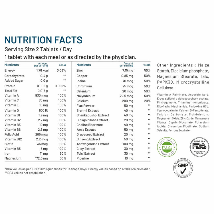 Bliss Welness VitaBliss Teenage Boys Daily Multivitamin & Herbs| Supports Better Immune System, Energy & Strength, Brain Health - 60 Veg Tablets - Bliss Welness