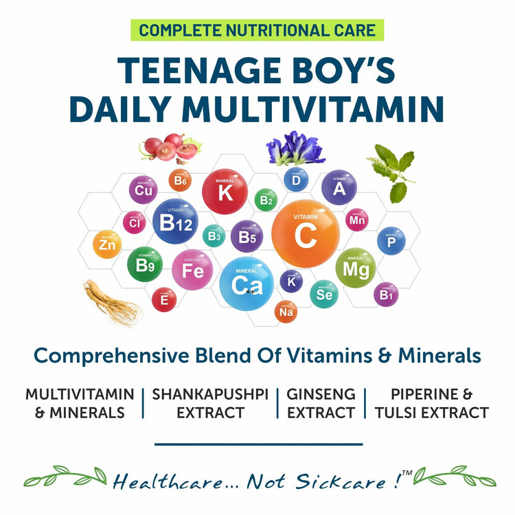 Bliss Welness VitaBliss Teenage Boys Daily Multivitamin & Herbs| Supports Better Immune System, Energy & Strength, Brain Health - 60 Veg Tablets - Bliss Welness