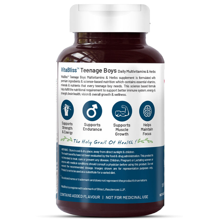 Bliss Welness VitaBliss Teenage Boys Daily Multivitamin & Herbs| Supports Better Immune System, Energy & Strength, Brain Health - 60 Veg Tablets - Bliss Welness