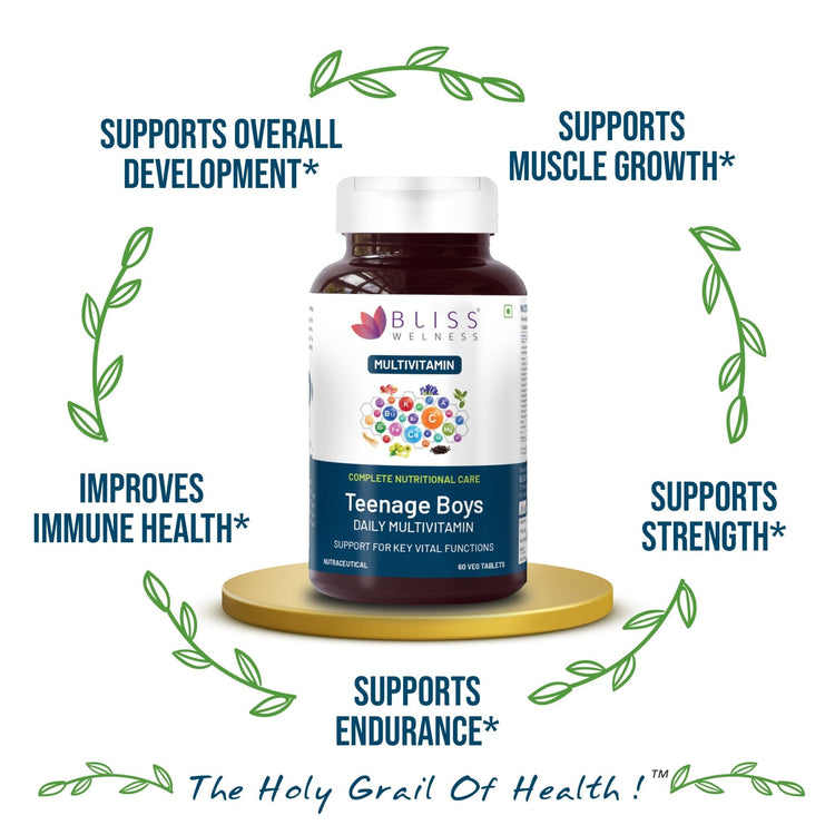 Bliss Welness VitaBliss Teenage Boys Daily Multivitamin & Herbs| Supports Better Immune System, Energy & Strength, Brain Health - 60 Veg Tablets - Bliss Welness