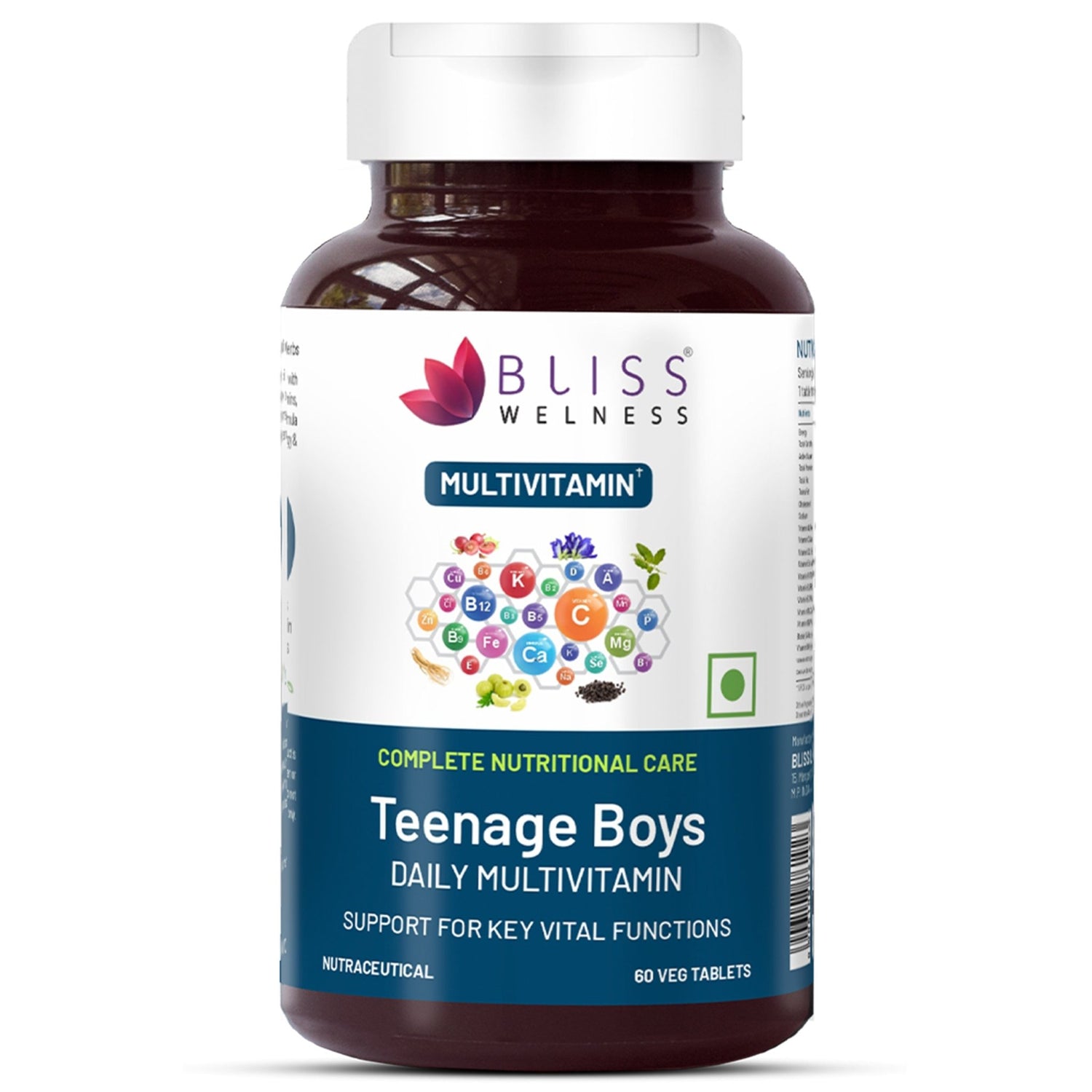 Bliss Welness VitaBliss Teenage Boys Daily Multivitamin & Herbs| Supports Better Immune System, Energy & Strength, Brain Health - 60 Veg Tablets - Bliss Welness