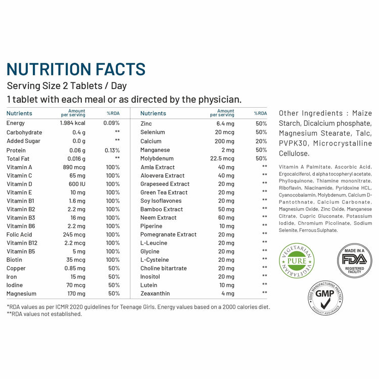 Bliss Welness VitaBliss Teenage Girls Daily Multivitamins & Herbs| With Vitamin A C D E K B,| Supports Better Immune System, Hair, Skin & Nails - 60 Veg Tablets - Bliss Welness