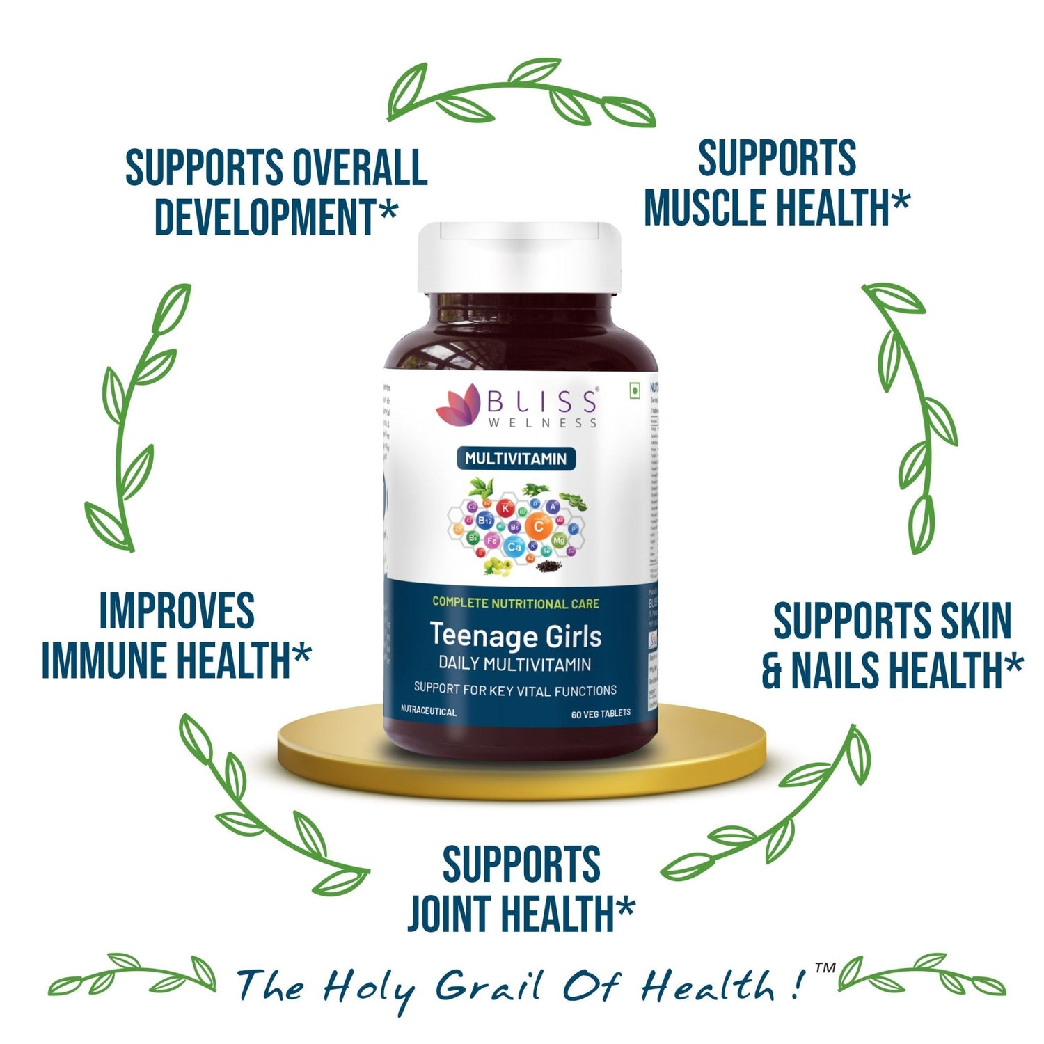 Bliss Welness VitaBliss Teenage Girls Daily Multivitamins & Herbs| With Vitamin A C D E K B,| Supports Better Immune System, Hair, Skin & Nails - 60 Veg Tablets - Bliss Welness