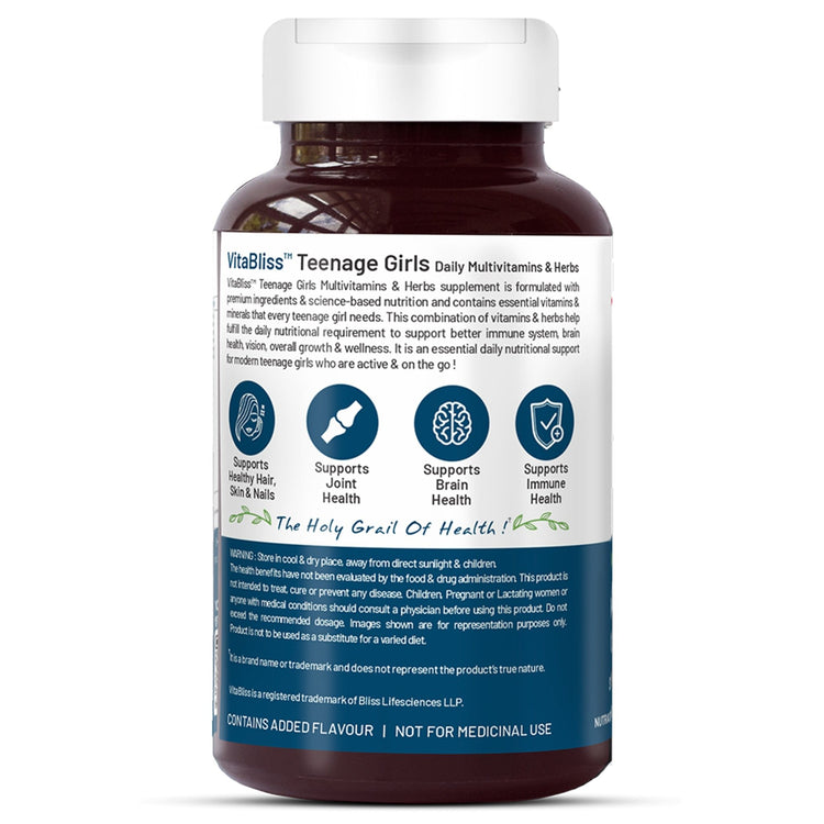 Bliss Welness VitaBliss Teenage Girls Daily Multivitamins & Herbs| With Vitamin A C D E K B,| Supports Better Immune System, Hair, Skin & Nails - 60 Veg Tablets - Bliss Welness